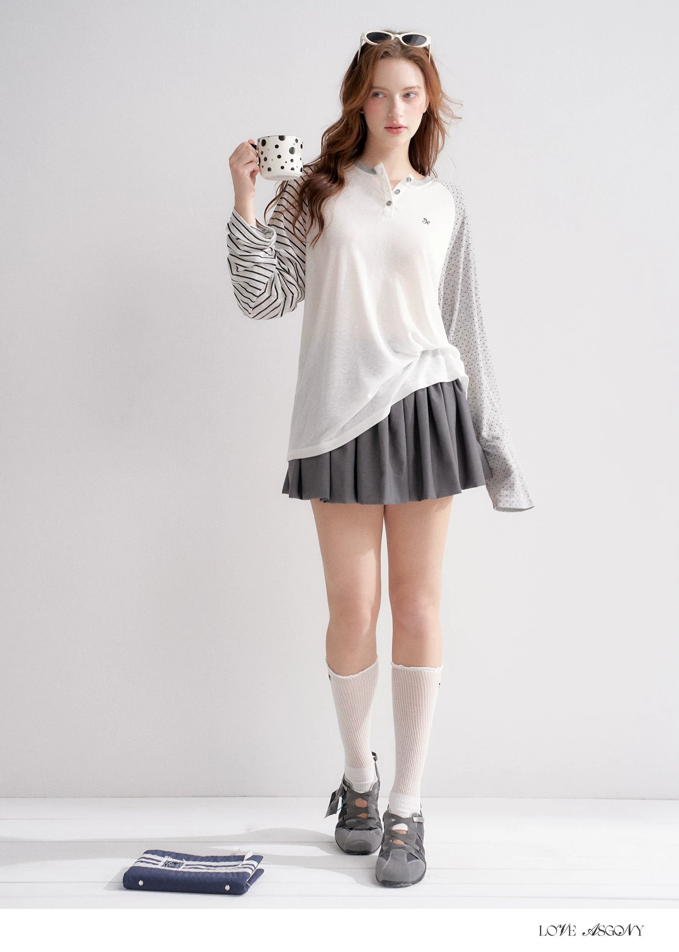 Striped Polka Dot Raglan Sleeve Long Sleeve Pullover