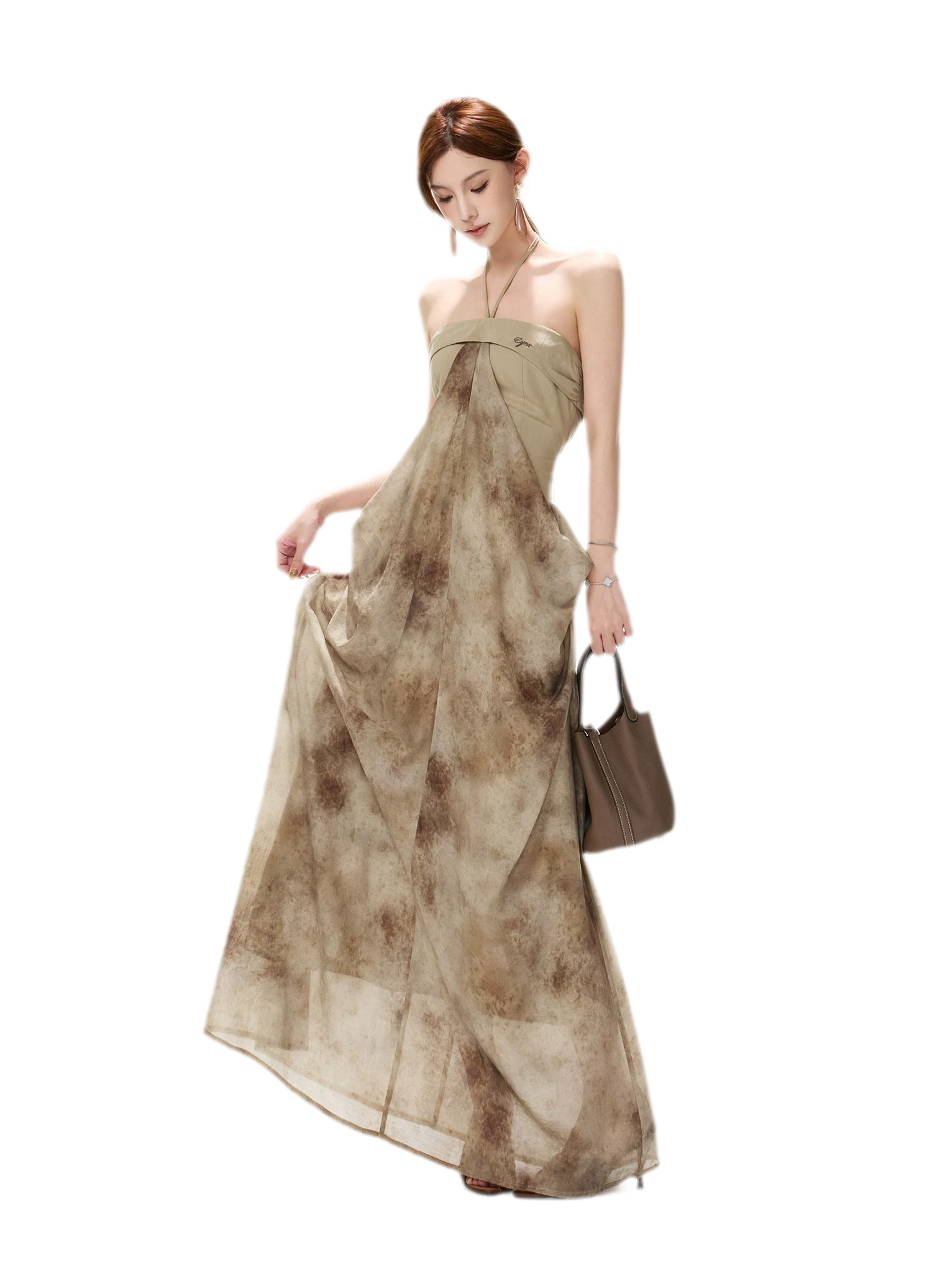 Ink-Wash Pleated Halter Dress