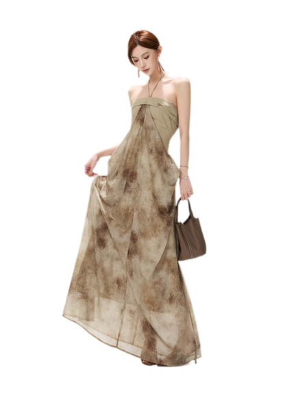 Ink-Wash Pleated Halter Dress