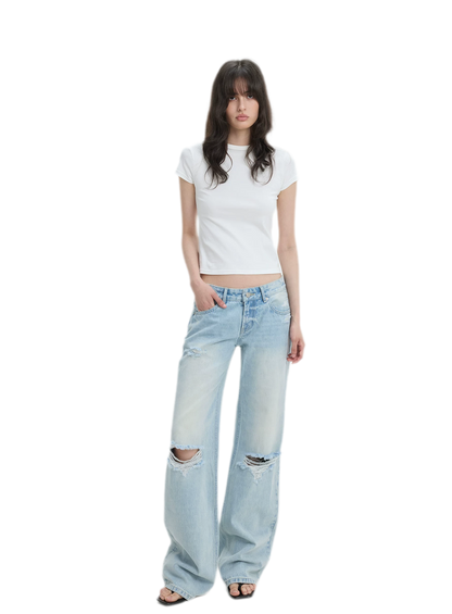 Washed Distressed Straight-Leg Jeans