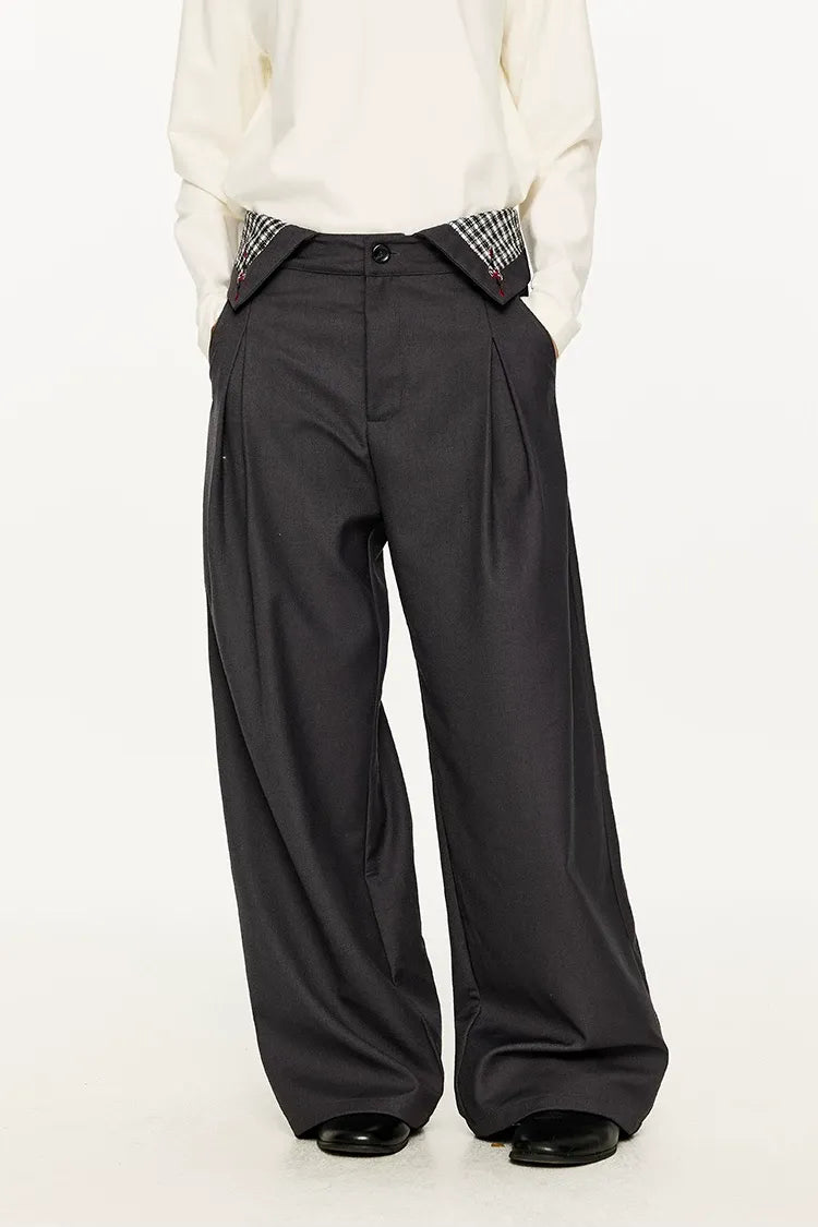 Pleated Houndstooth Wide-Leg Trousers