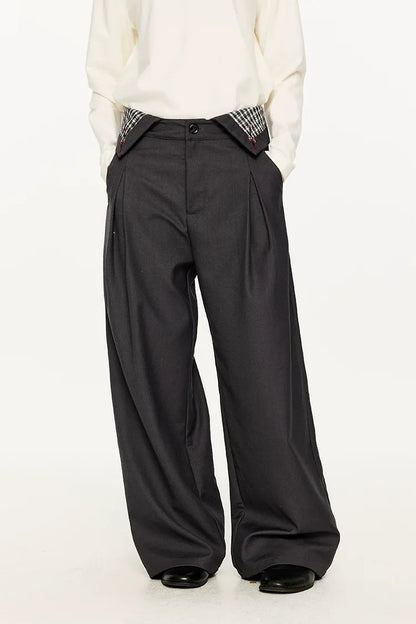 Pleated Houndstooth Wide-Leg Trousers