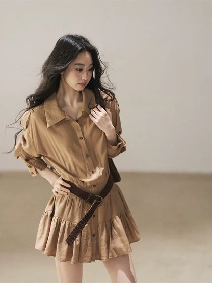 High-Waist Ruffle Shirt Dress