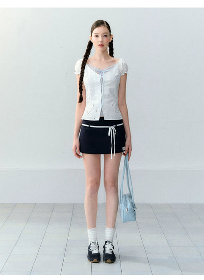 Sweet Elastic Puff Sleeve Lace Short Sleeve Top