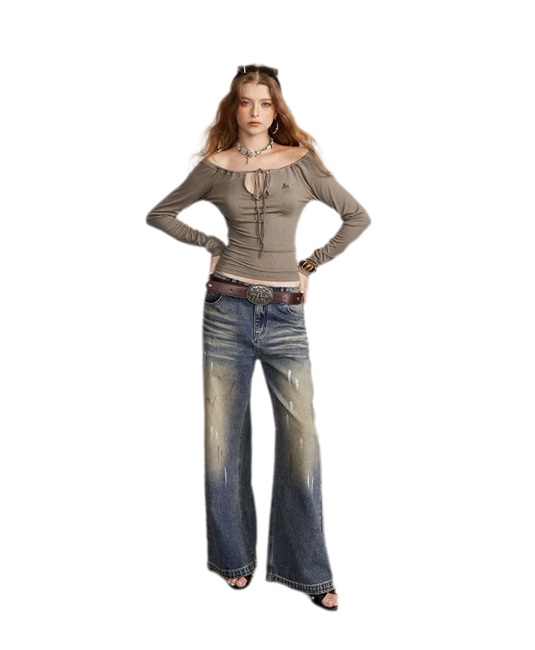 Drawstring Off-Shoulder Long-Sleeve Top