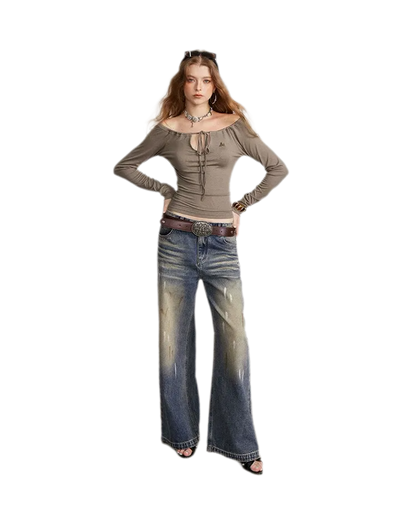 Drawstring Off-Shoulder Long-Sleeve Top