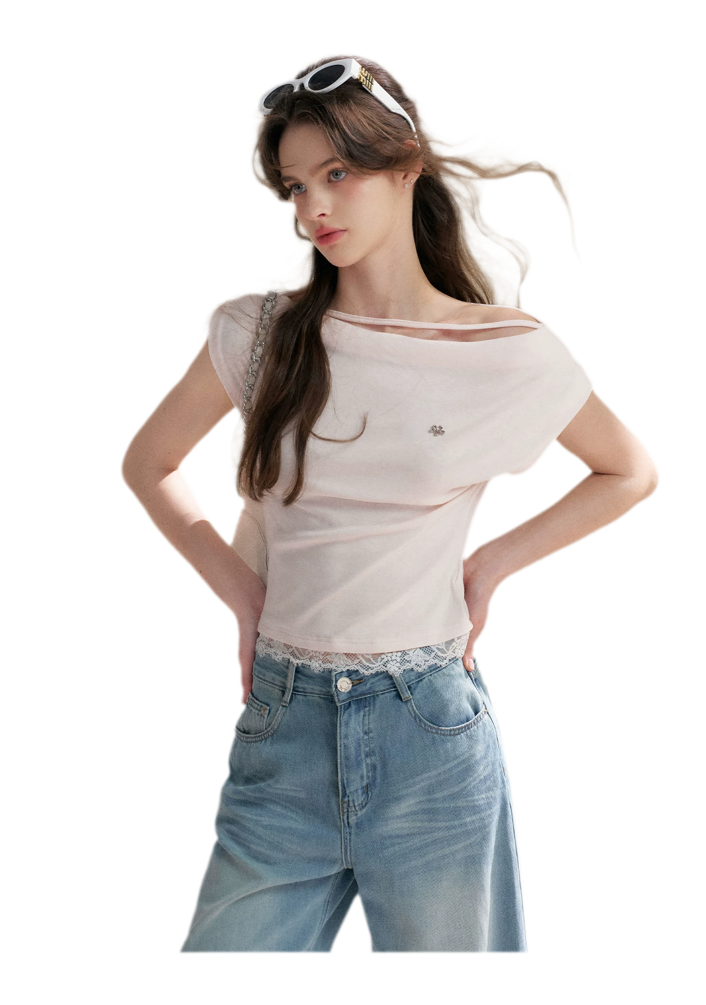 Lace Trim Asymmetric Short Sleeve T-Shirt