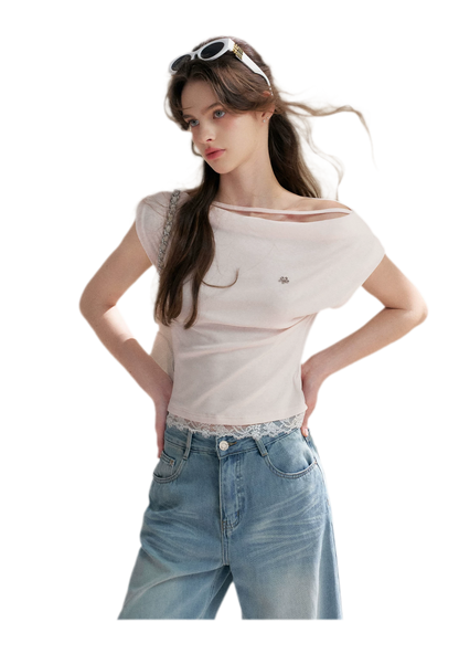 Lace Trim Asymmetric Short Sleeve T-Shirt