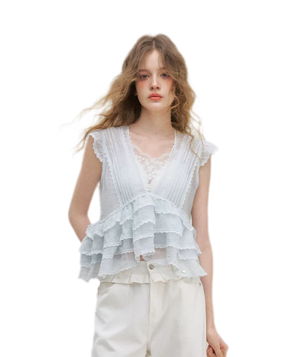 Organza Lace Ruffle Sleeveless Top