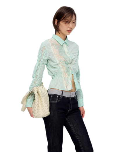 Lace Shirred Peplum Blouse