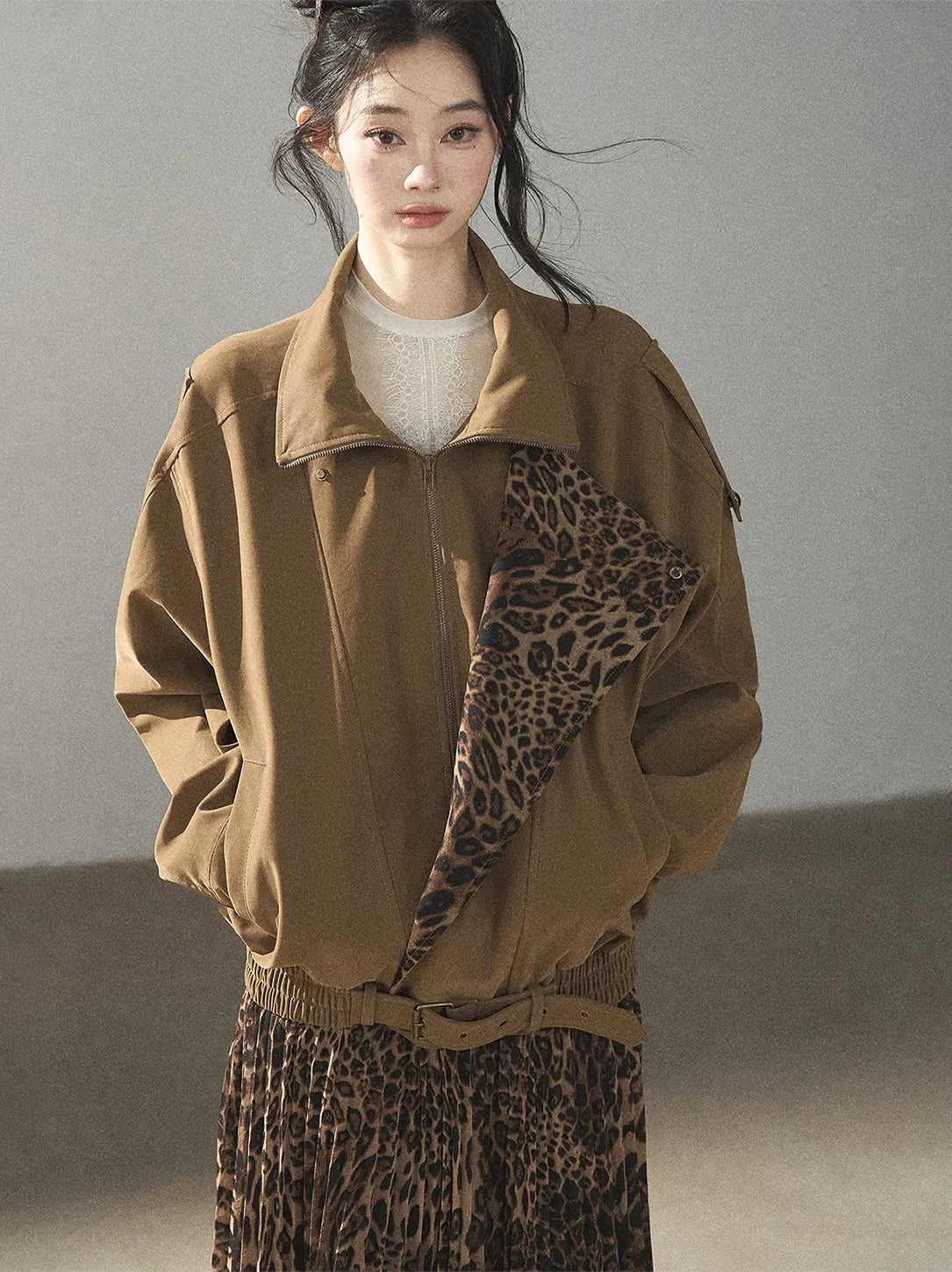 Matte Suede Leopard Bomber Jacket