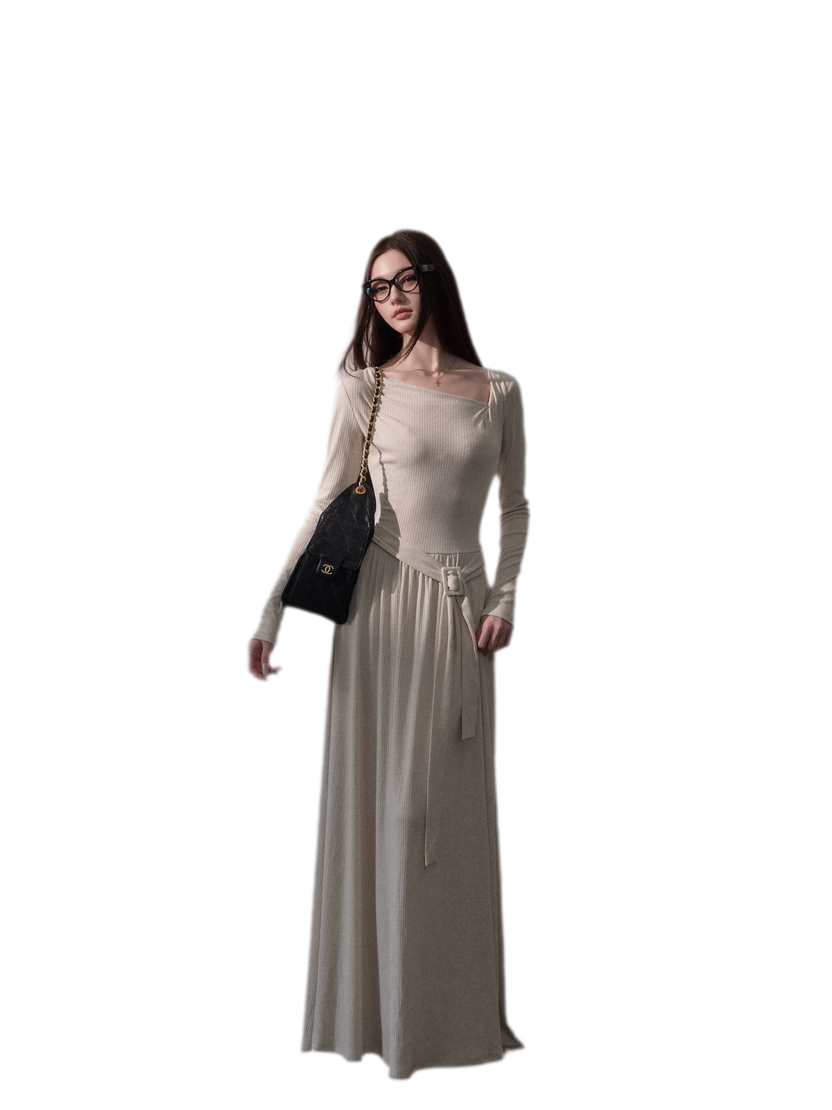 Robe longue côtelée à ruban