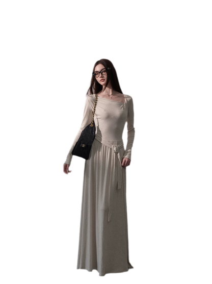 Robe longue côtelée à ruban