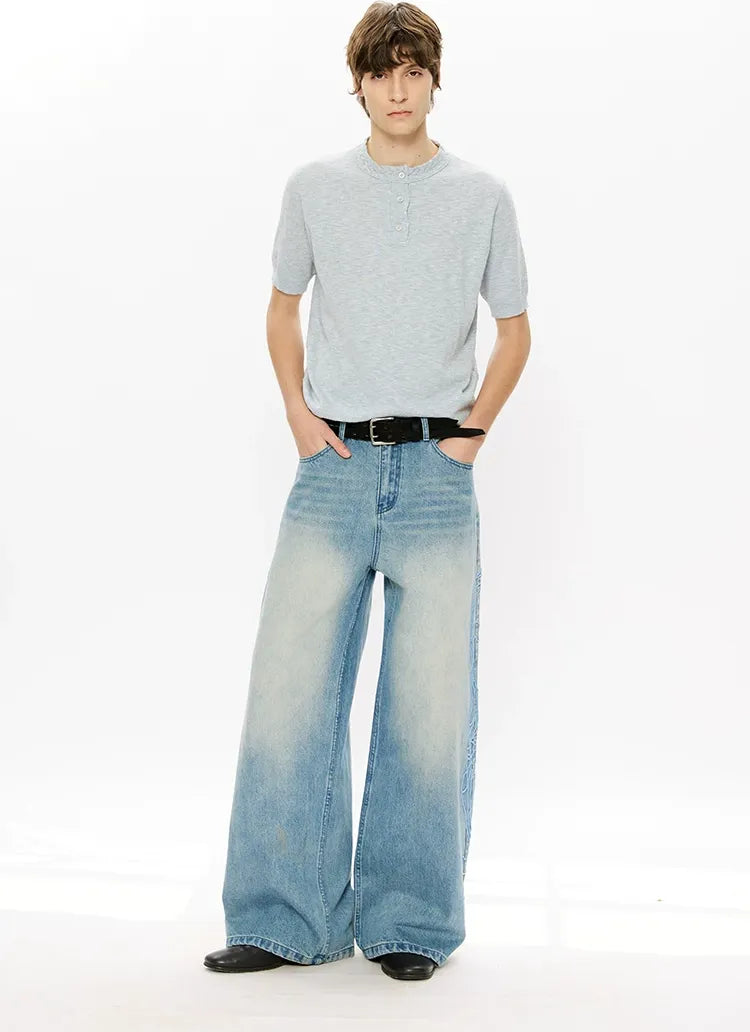 Washed Embroidered Wide-Leg Jeans
