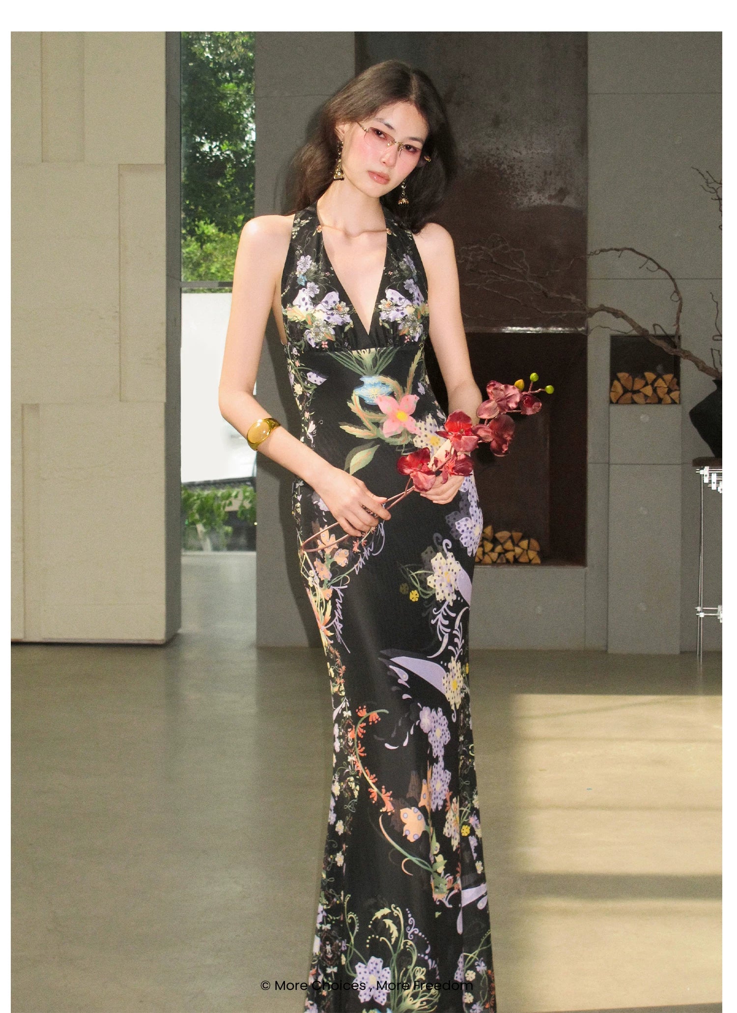 Romantic Floral Halter Long Dress