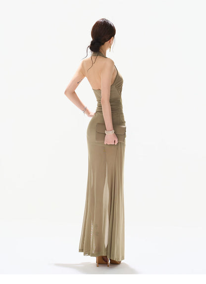 Deep V Neck Halter Lace Mesh Long Dress