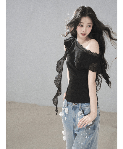 Lace One-Shoulder Crop Tee