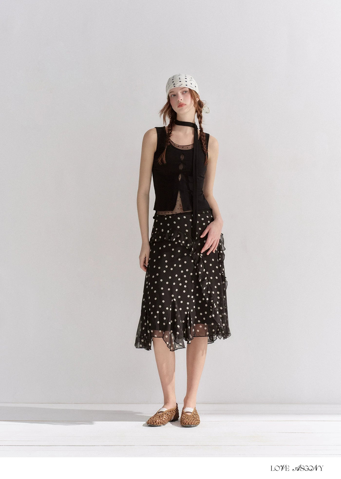 Ribbed Elastic Dot Mesh Sleeveless Top