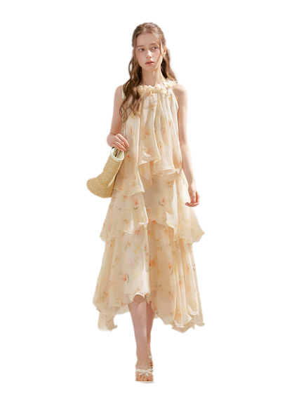 Chiffon Floral Halter Long Dress