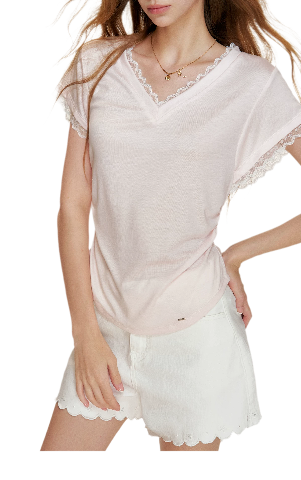 Tencel Lace Trim Loose Short Sleeve T-Shirt