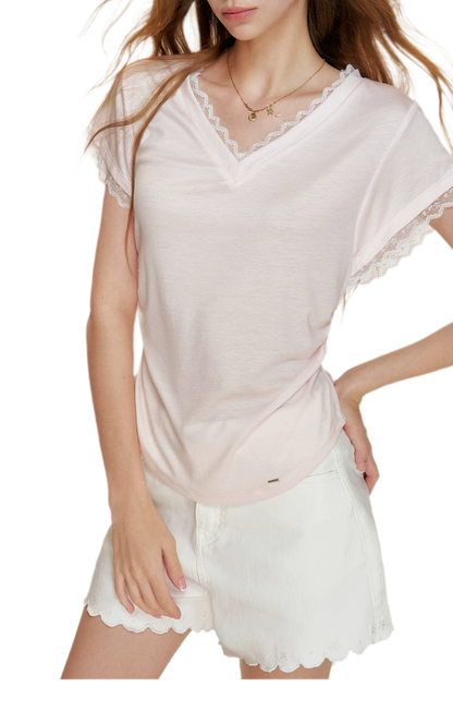 Tencel Lace Trim Loose Short Sleeve T-Shirt