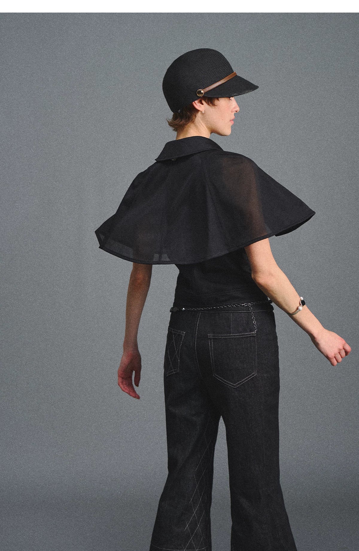 Detachable Cape Chiffon Blouse with Lace Detail