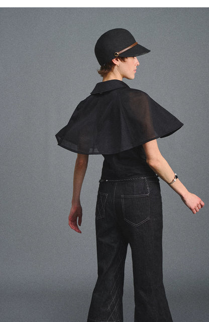 Detachable Cape Chiffon Blouse with Lace Detail