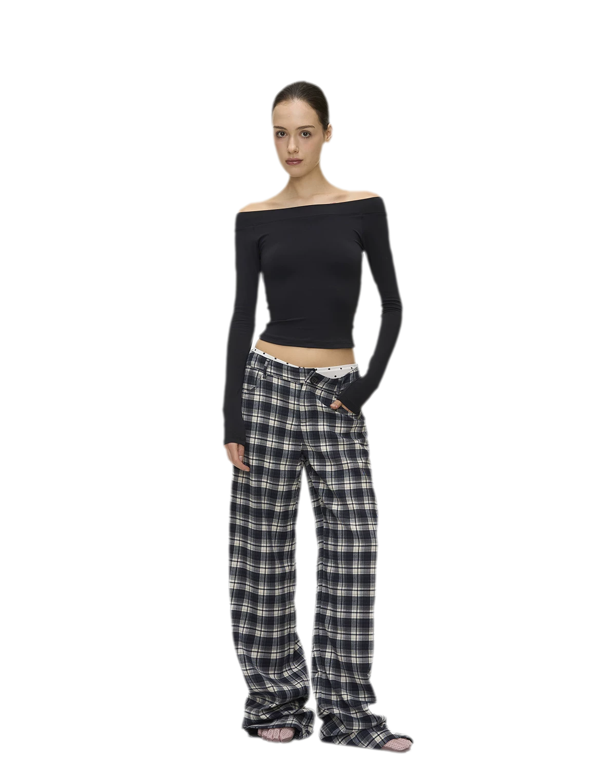 Brushed Plaid Wide-Leg Pants