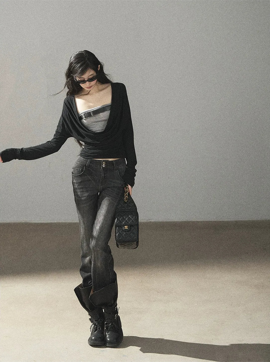 Draped Cowl Double-Layer Top