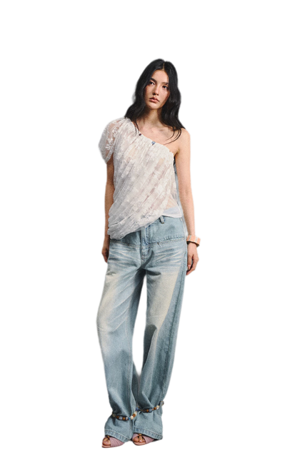 Lace Ruched Asymmetric Top
