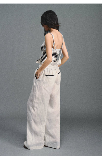 Tencel Linen Contrast Satin Trim Wide-Leg Pants