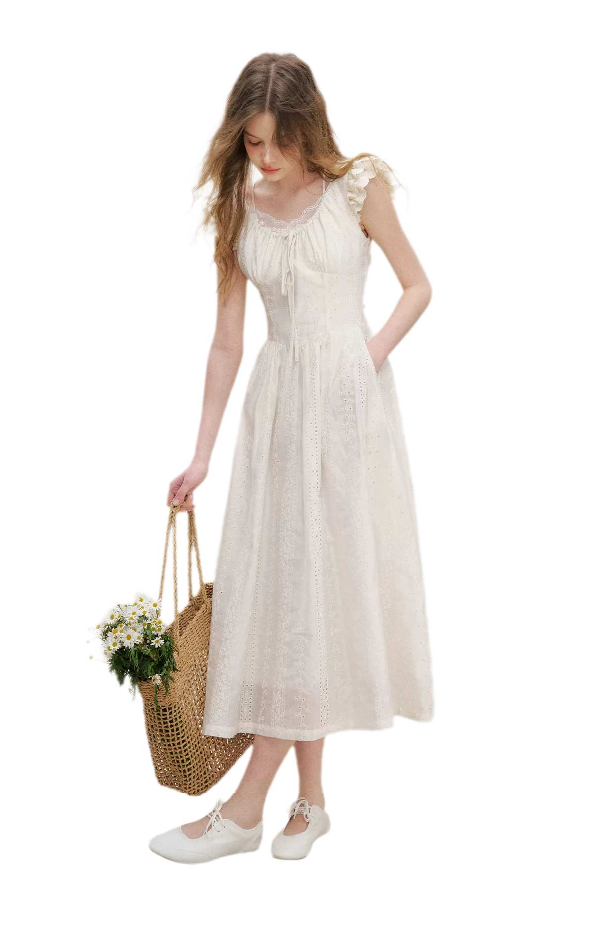 Embroidered Flutter Sleeve Dress