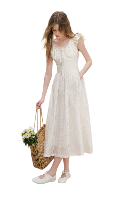 Embroidered Flutter Sleeve Dress