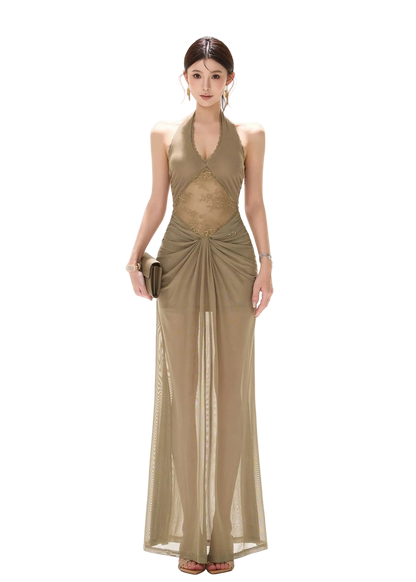 Deep V Halter Neck Lace Mesh Backless Long