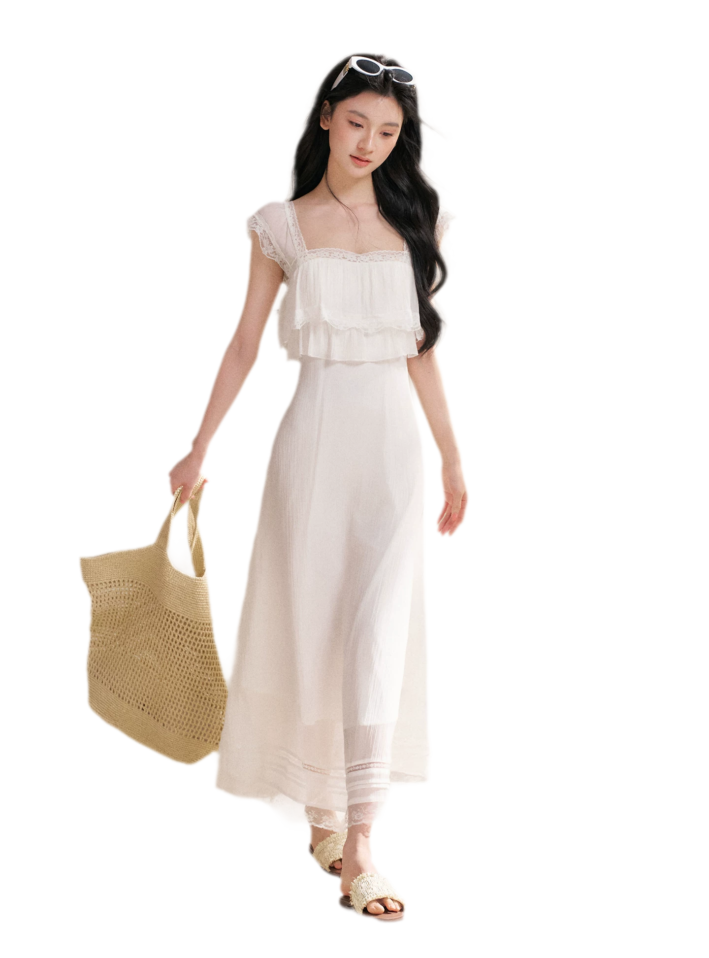 Lace Ruffle Waist Long Dress