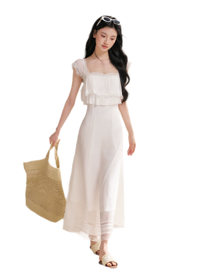 Lace Ruffle Waist Long Dress