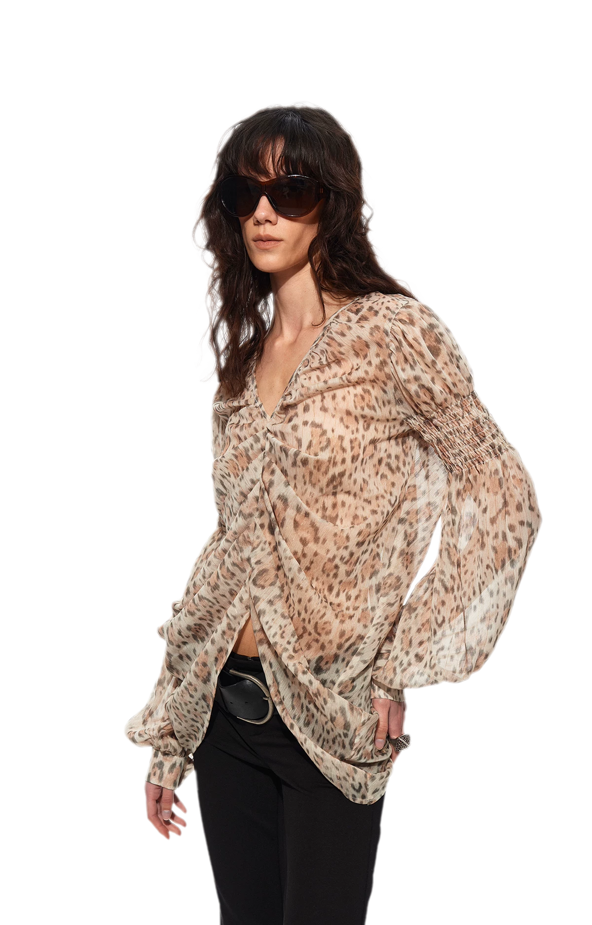 Pleated Bubble Sleeve Chiffon Blouse