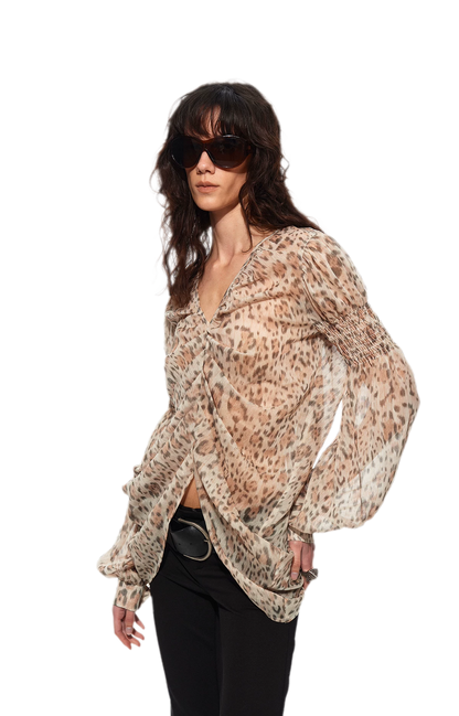 Pleated Bubble Sleeve Chiffon Blouse