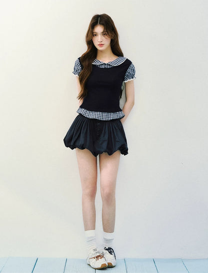 Navy Petal Pleated Skirt