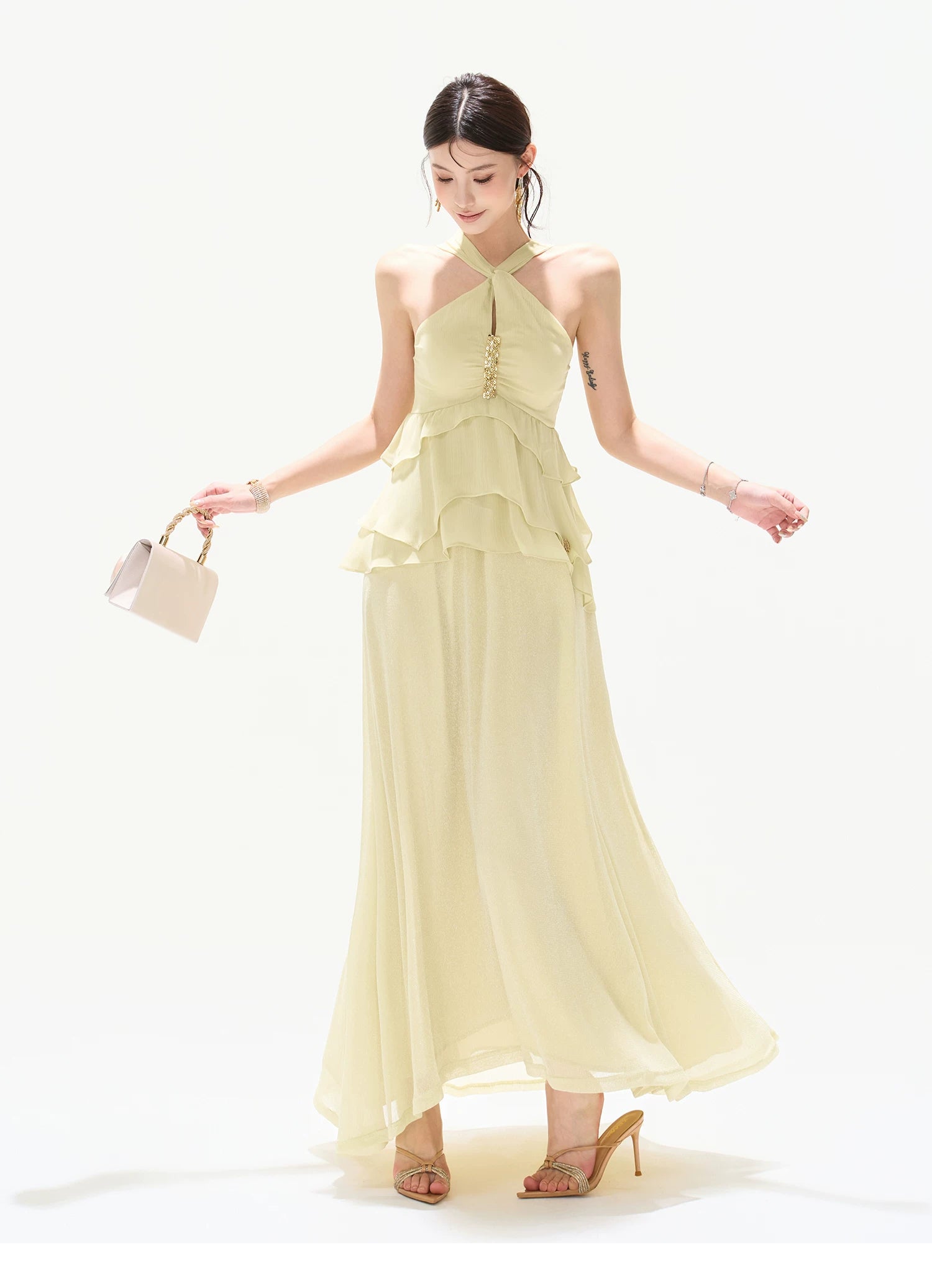 Flowing Sheer Halter Rhinestone Chiffon Long Dress