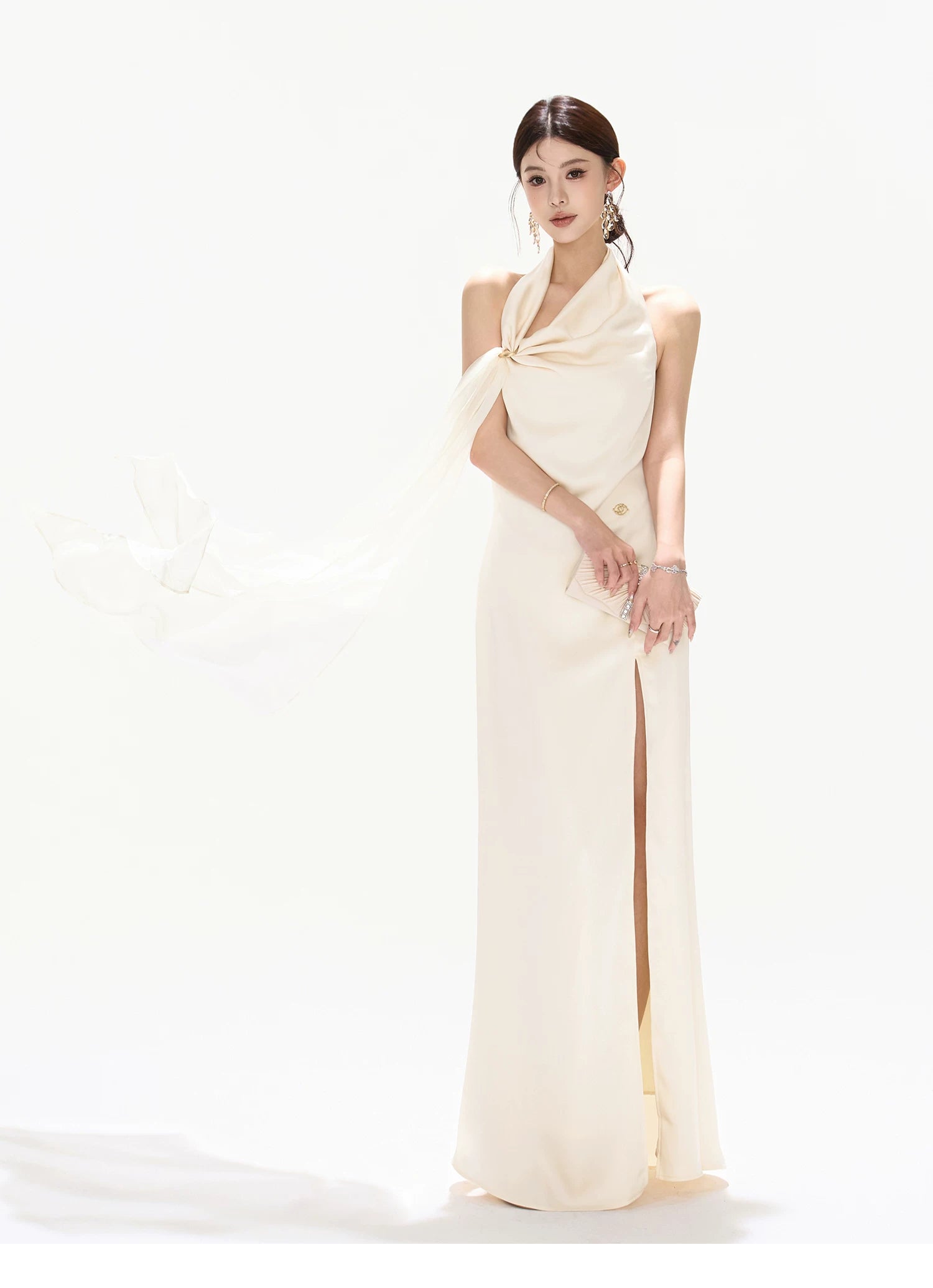 Halterneck Draped Satin Long Dress with Side Slit