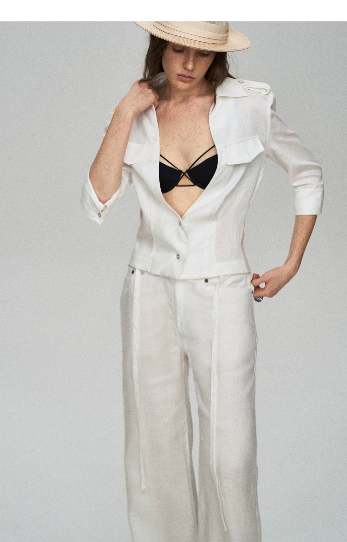 Tencel Linen Cool-Feel Mid-Sleeve Shirt &amp; High-Waist Wide-Leg