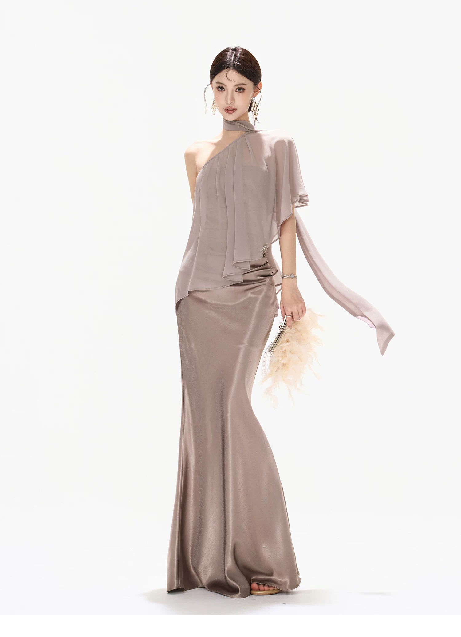 Elegant Asymmetric Chiffon Shawl Top with Built-in Bustier