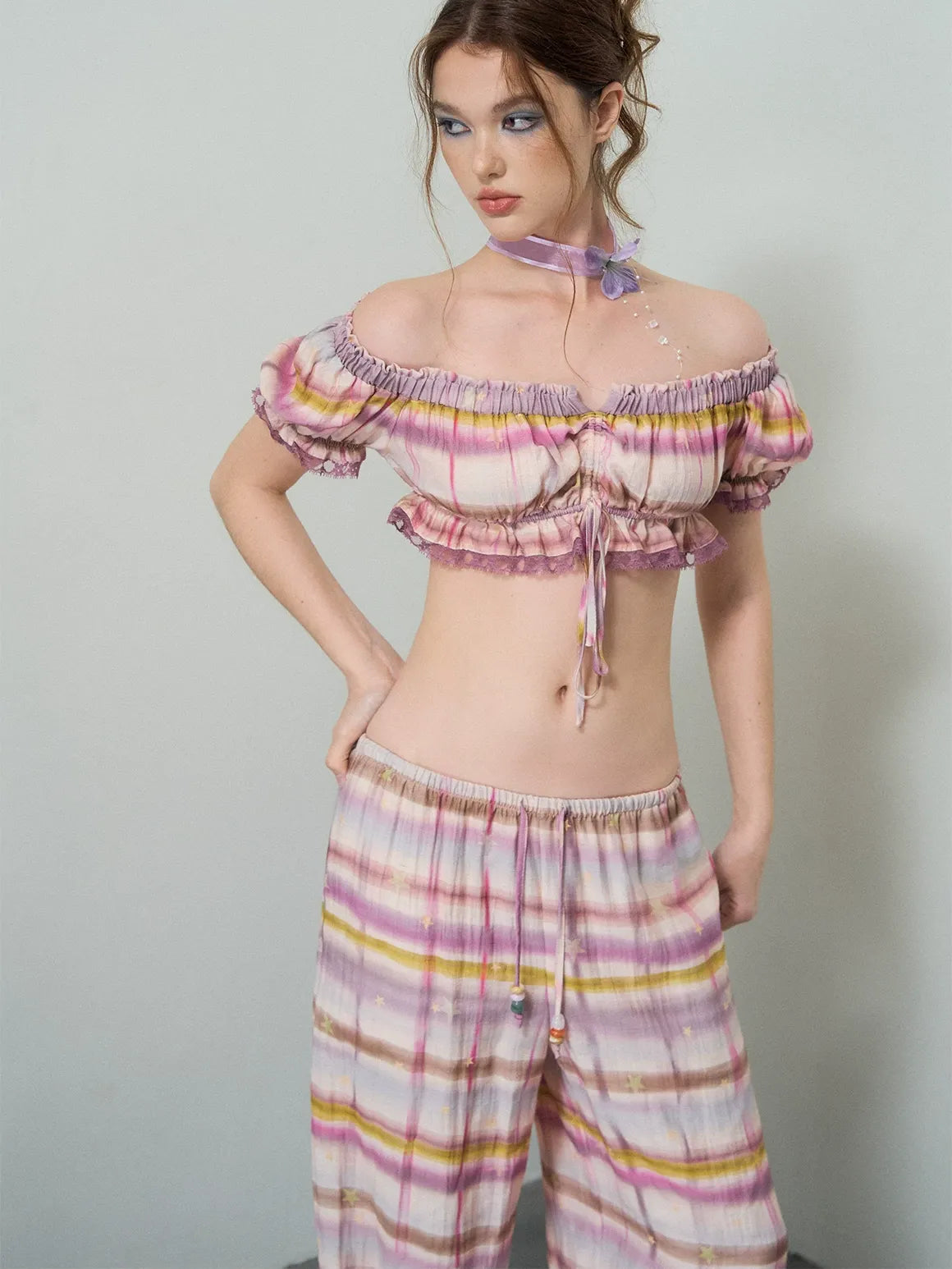 Gradient Plaid Wide-Leg Set