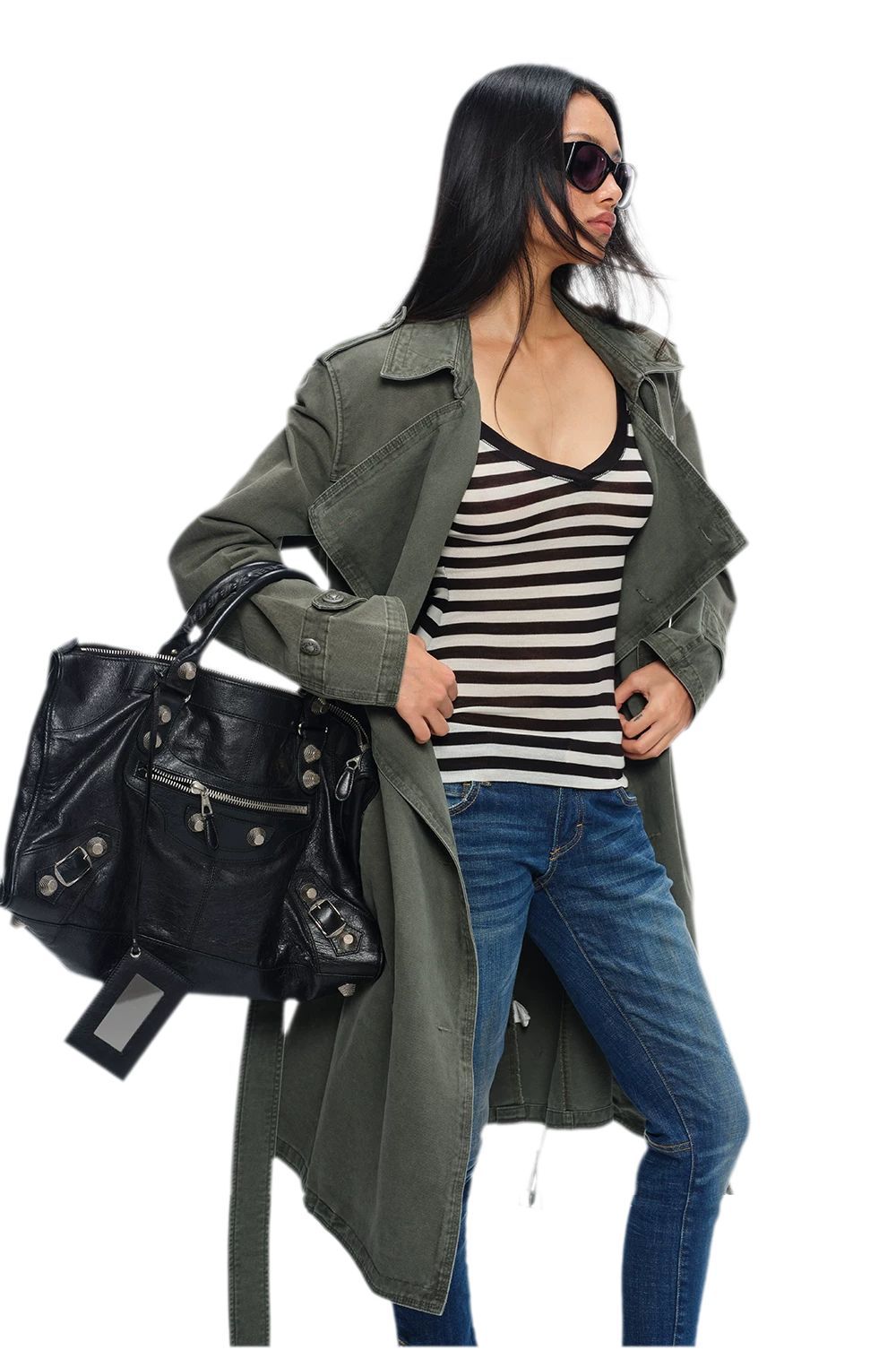 Washed Military Green Trench Coat