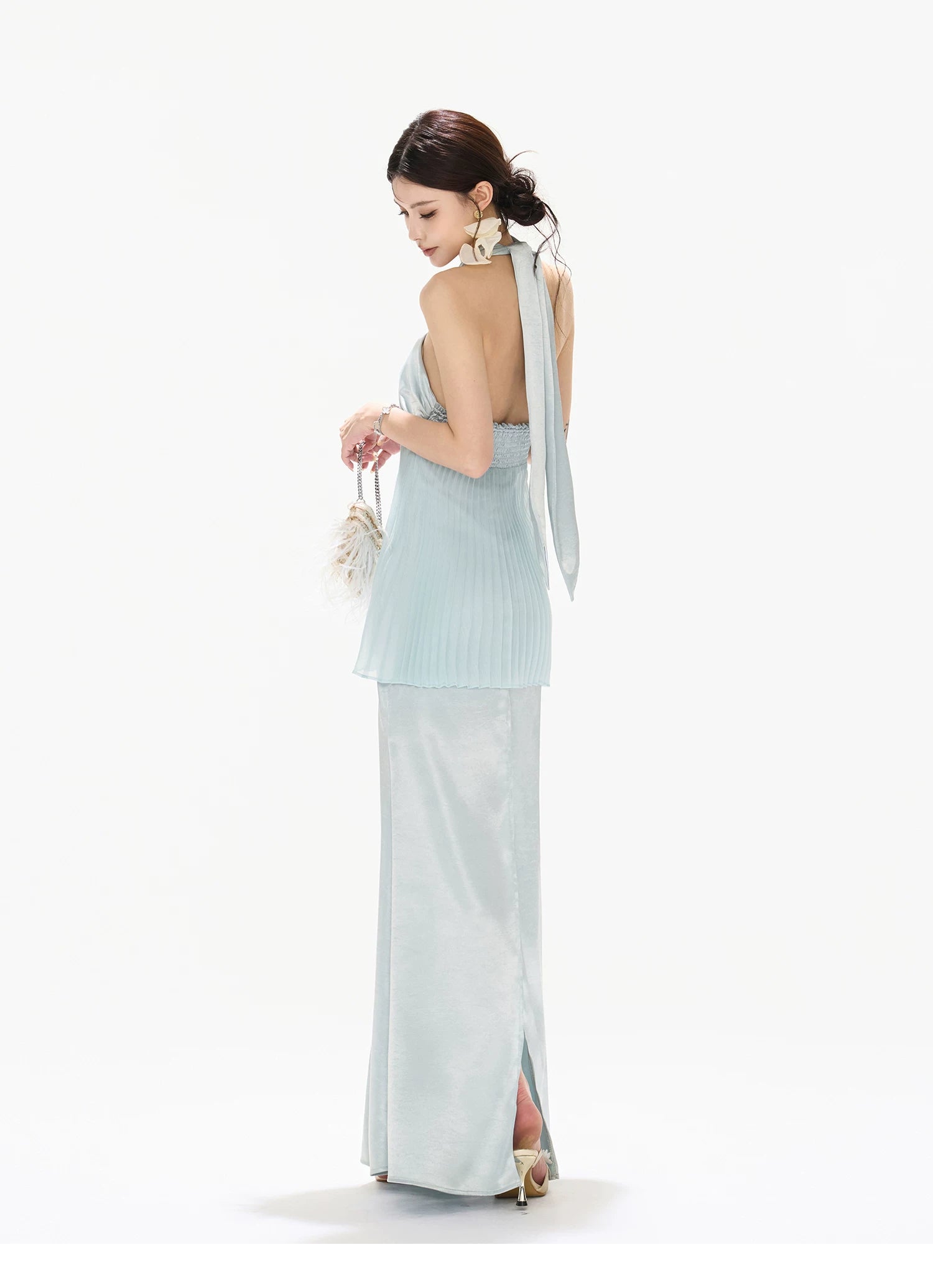 Misty Blue Pleated Halter Satin Long Dress
