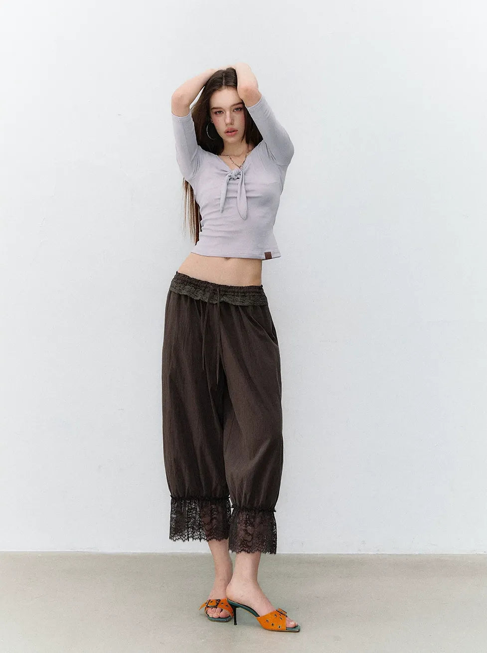 Relaxed Fit Tencel Lace Patchwork Wide Leg Pants