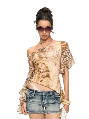 Leopard & Snake Print Asymmetric Ruffle Top