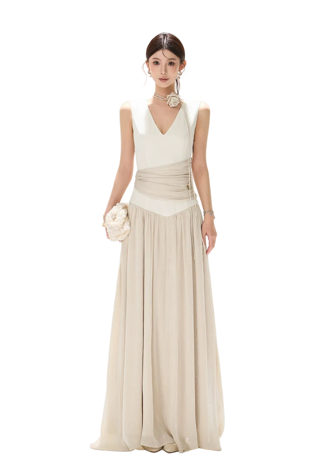 French Style Colorblock Pleated Satin V-Neck Dress