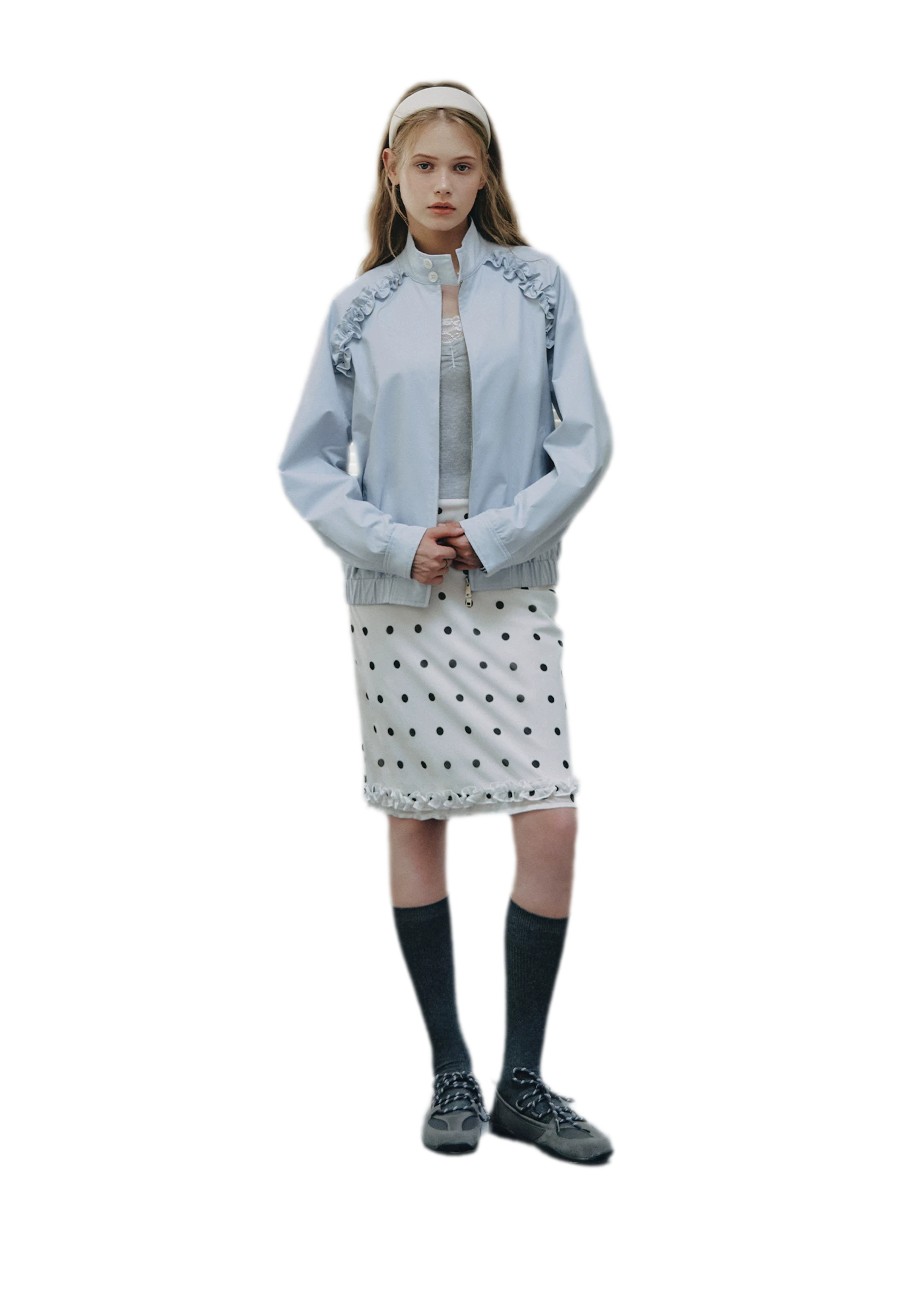 Ruffled Stand Collar Harrington Jacket